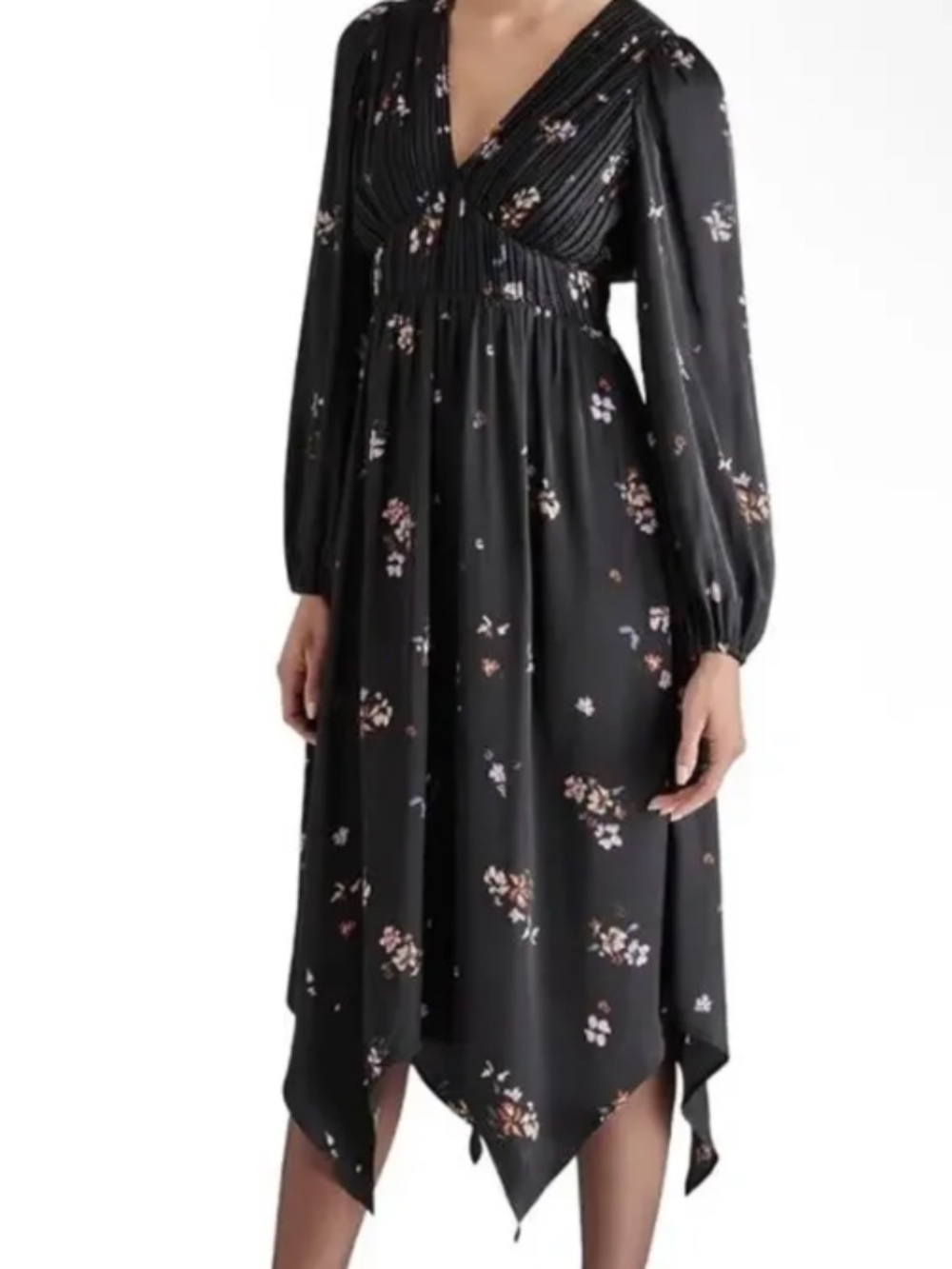 Steve Madden, Jamie Floral Satin Handkerchief Hem Midi Dress, Black, Medium